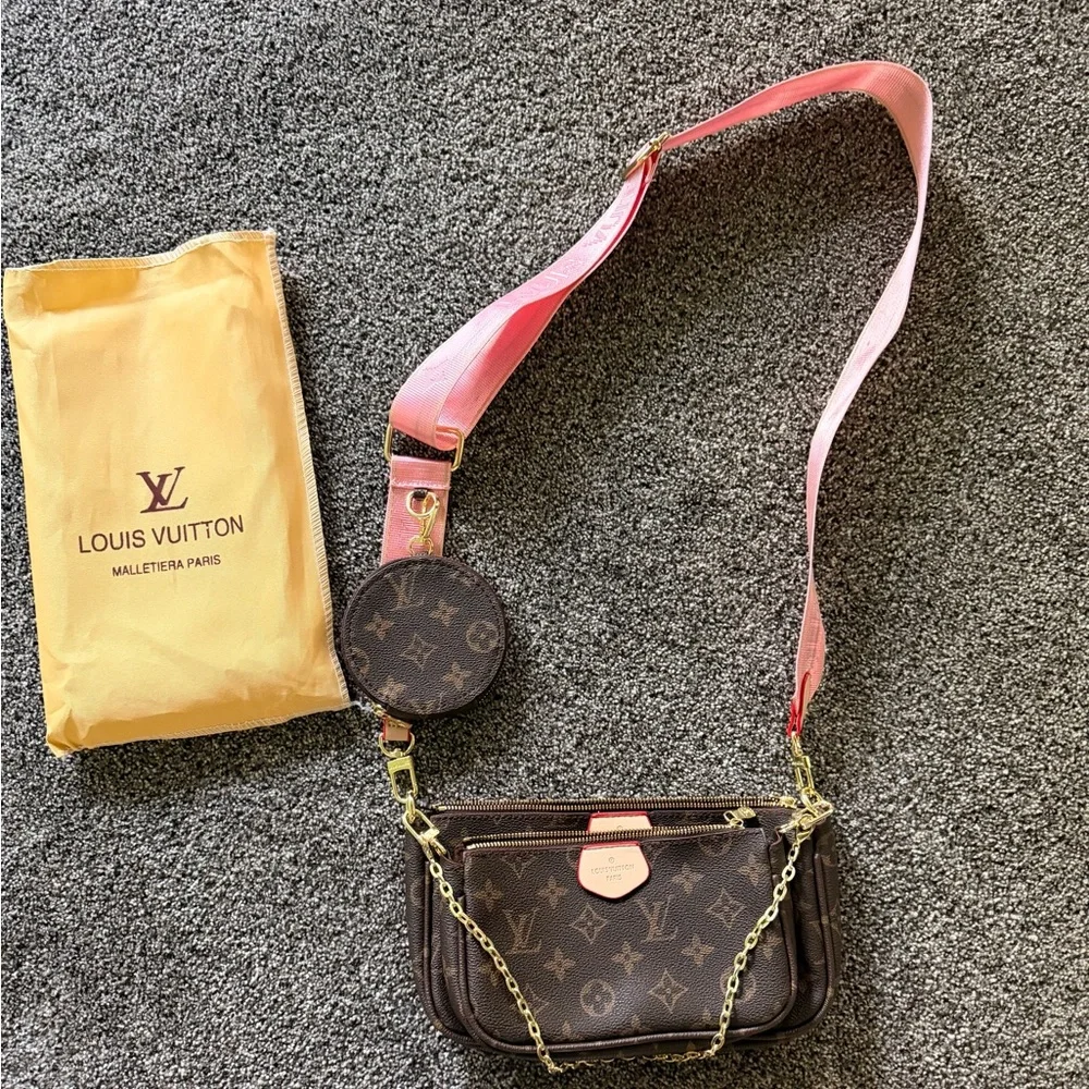 Brown & Pink Monogram Crossbody with Pink Strap and Gold Hardware - Picture 1 of 1